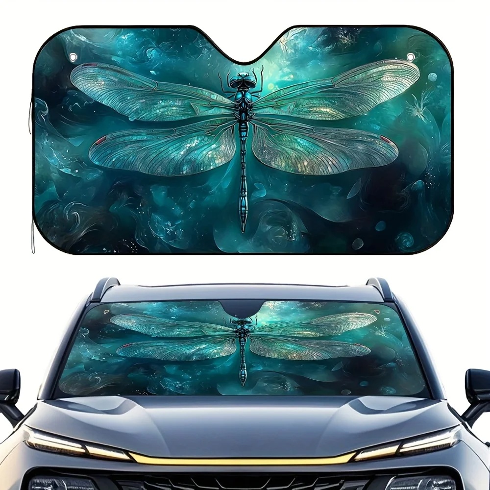 

1pc Stylish Dragonfly Dream Print Car Sunshade - Vibrant Teal & Blue Design, Keeps Your Vehicle Cool & Modern, 4 Free Suction Cu