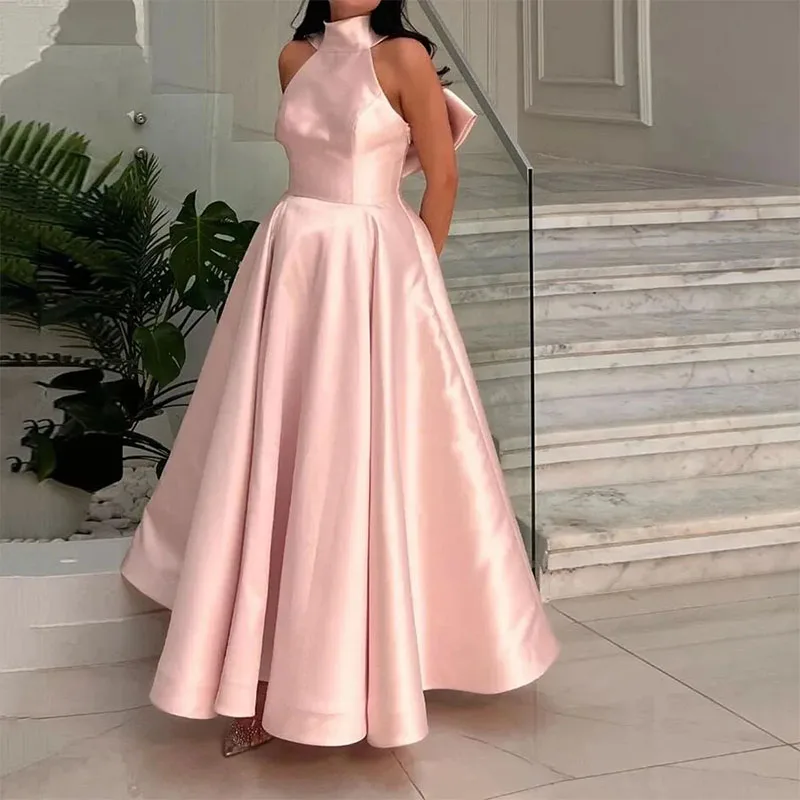 

New High Neck A-Line Evening Dress Sleeveless Simple Pleat Bow Ankle-Length Prom Dresses Modern Long Pink Birthday Party Gowns