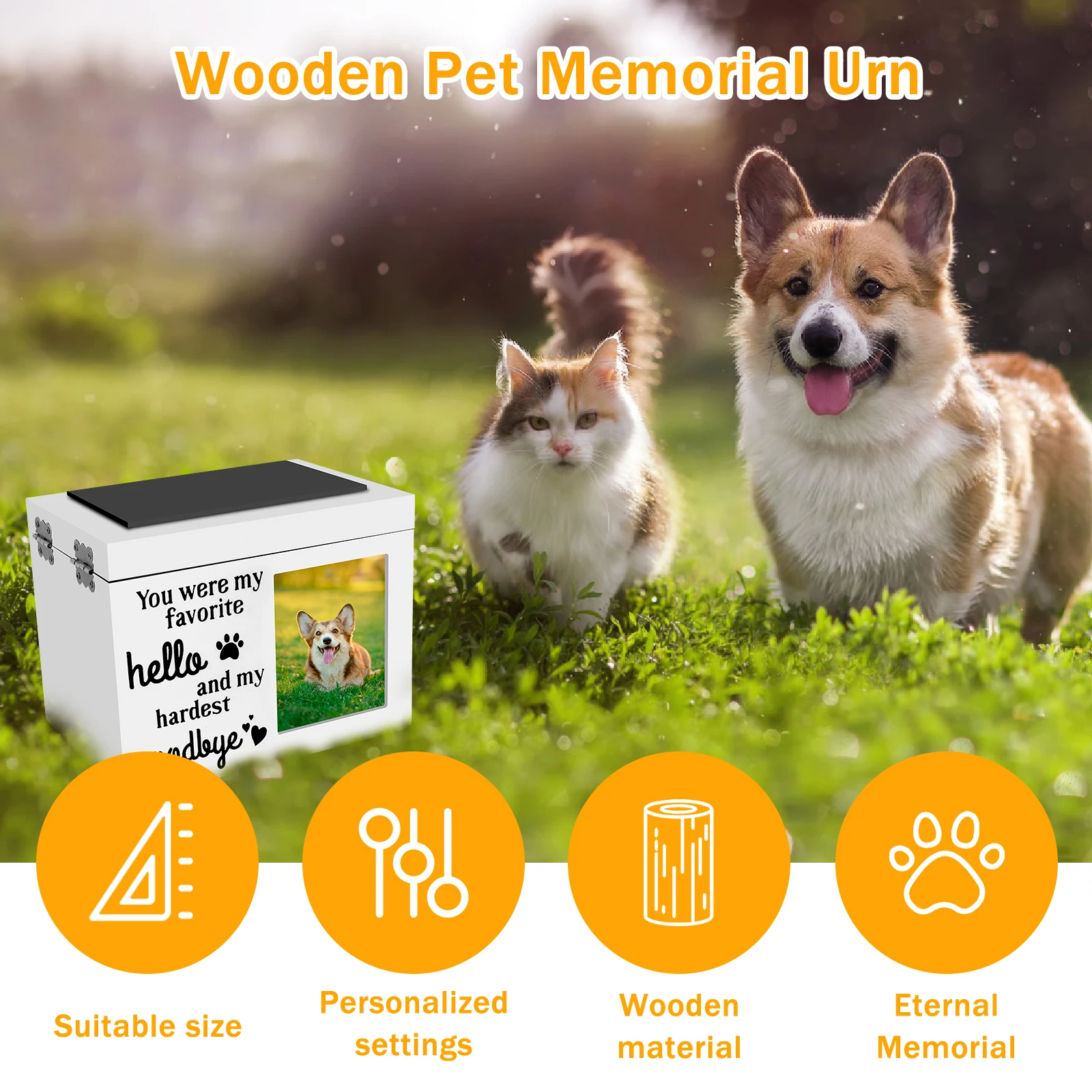 Wood Pet Memorial Urn DogCremation Urn with Photo Frame Key and Lock Personalized Pet Keepsake Memory Box for Dog or Cat Ashes