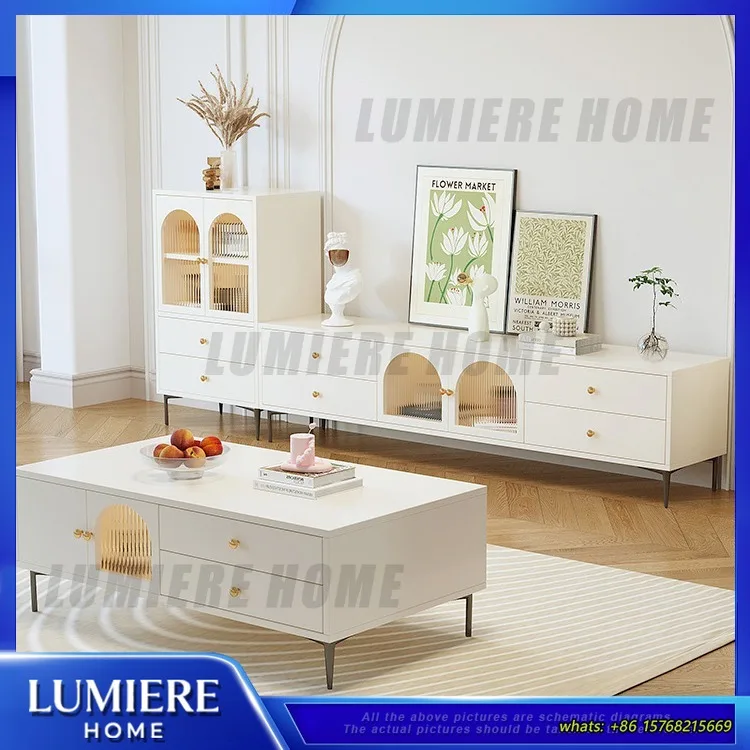 

Кремовый ТВ-стенд для гостиной: современный минималистичный напольный ТВ-шкаф и компактный журнальный столик для небольших помещений