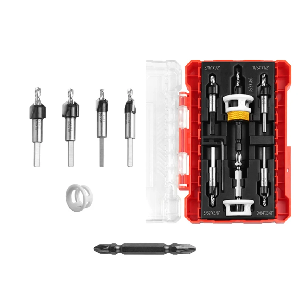 5pcs Countersink Drill Bits Set With Storage Box Depth Adjustable Alloy Cutting Edges Woodworking Tools Accesories