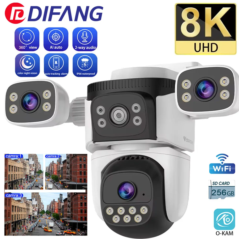 

WiFi IP Camera 15MP Wireless Outdoor 8K UHD Three Screen Three Lens Automatic Tracking 6K Two Lens Waterproof Security Cam CCTV