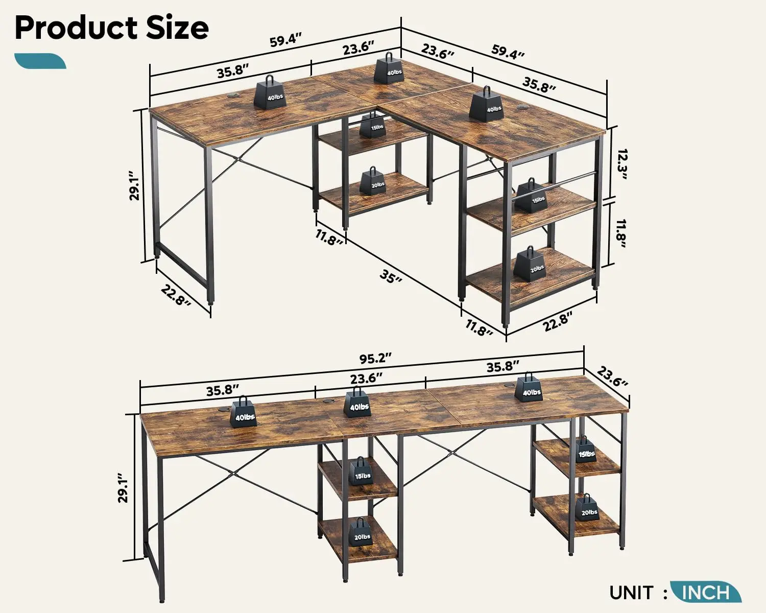 L Shaped Desk 95.2 Inch Reversible Corner Desk Shelves Storage Workstation 3 Cable Holes Home Office 2 Person, Customized