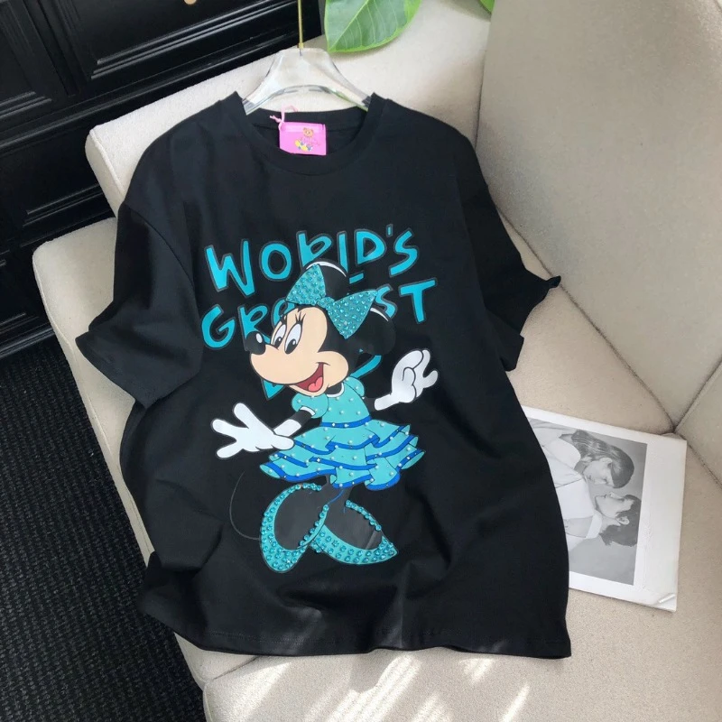 Spring New American Casual Original Tees Heavy Industry Diamond-encrusted Cartoon Printing Loose Pullovers Short-sleeved T-shirt