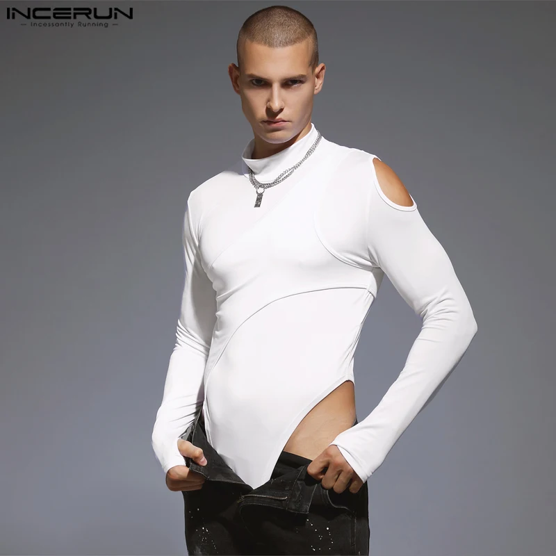 INCERUN 2024 Sexy Mens Bodysuits Half High Neck Solid Shoulder Hollowed Rompers Stylish Male Thimble Long Sleeve Jumpsuits S-3XL