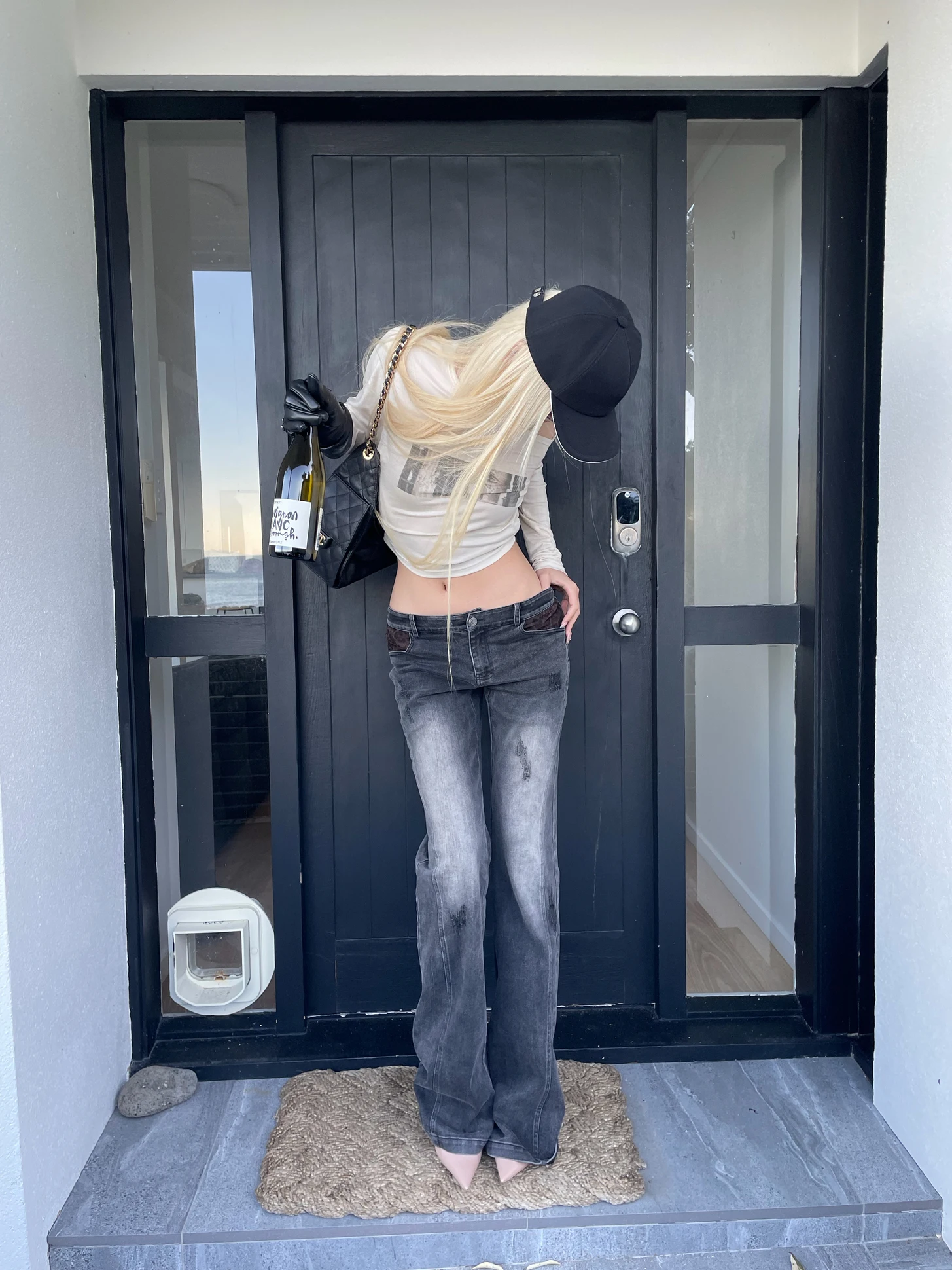 Rase Le Sol 'Wild Leopard' Low Waist Bell Bottom Jeans Black Micro Flared Patchwork Design Slim Fit Cotton Zipper Closure