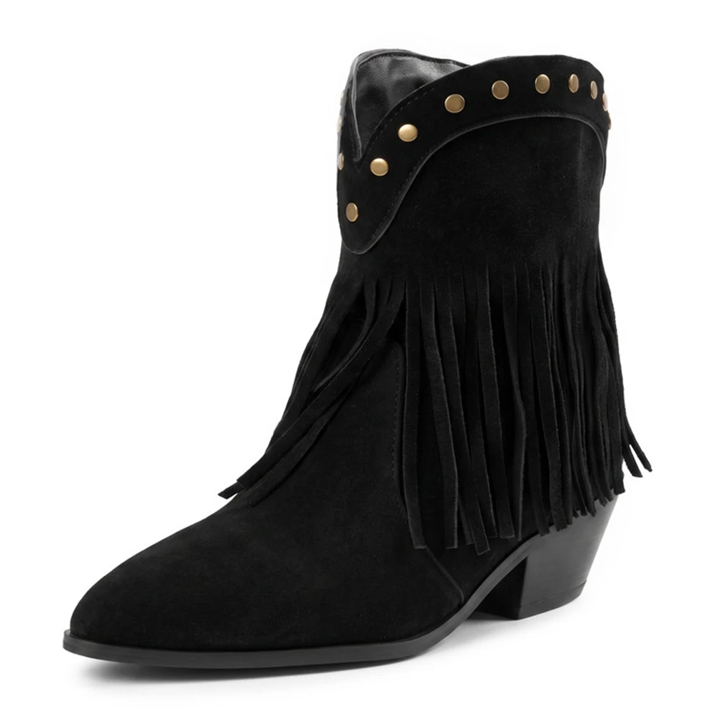 Botines de mujer estilo western con flecos, tacón cubano vintage, de gamuza, tallas grandes 34-50 7798