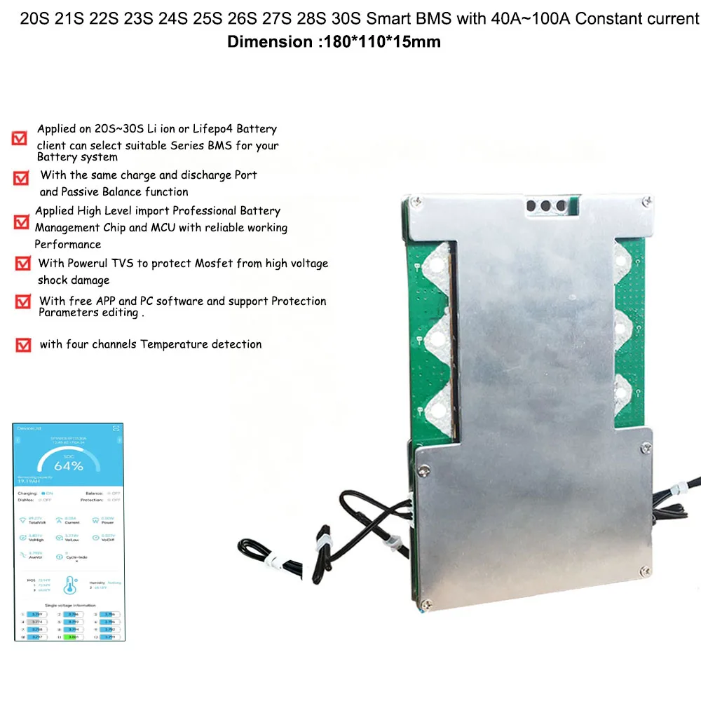 20S 21S 22S 23S 24S 25S 26S 27S 28S 29S 30S 60V 72V 84V 110V 126V Li ion or Lifepo4 Smart bluetooth BMS with 100A
