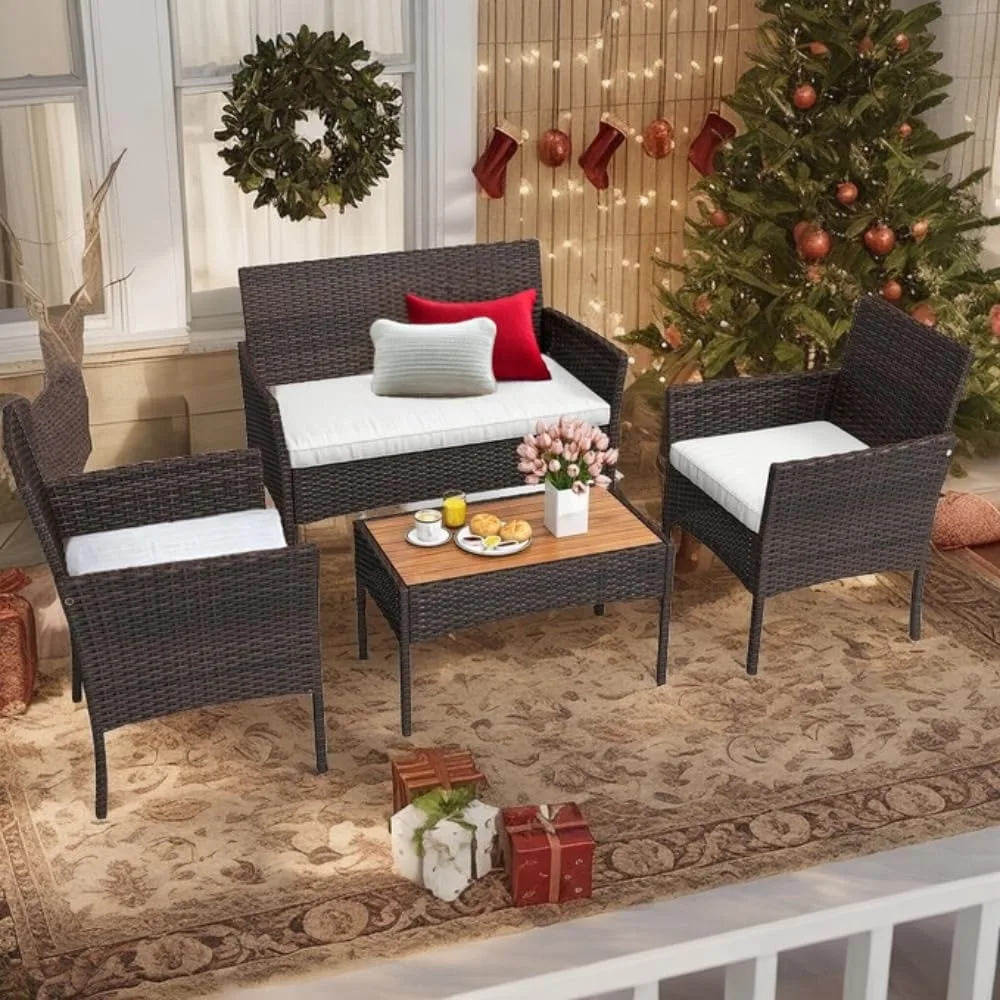 4-Piece Patio Bistro Set, All-Weather Outdoor Patio Furniture Rattan Wicker Loveseat Conversation Set