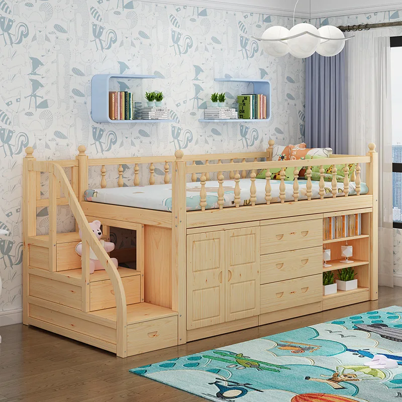 

Solid wood pine with desk wardrobe multi-functional combination bed elevated bed, go to bed and go to the table to save space