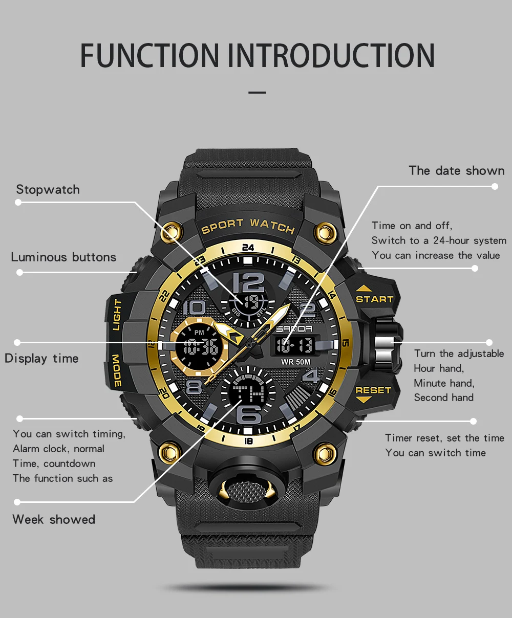 SANDA 6021 Sport Watch for Men Waterproof LED Dual Display Quartz Wristwatch Mens Digital Clock Military Stopwatch Reloj Hombre