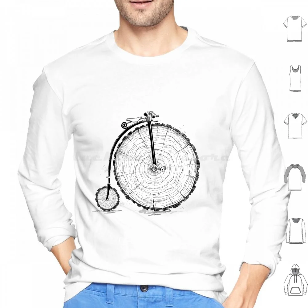 Wooden Bicycle Hoodies Long Sleeve Bicycle Vintage Vintage Bike Wood Graphic Illustration Line Art