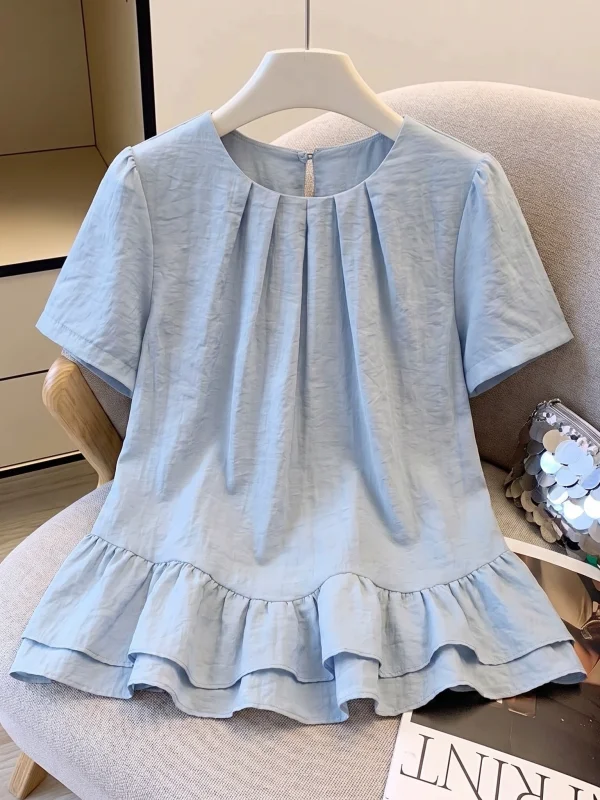 

Light Blue Women's Shirt 2026 Summer New plus Size Doll Style Ruffle Hem Anti-Aging Short Sleeve round Neck Casual Top