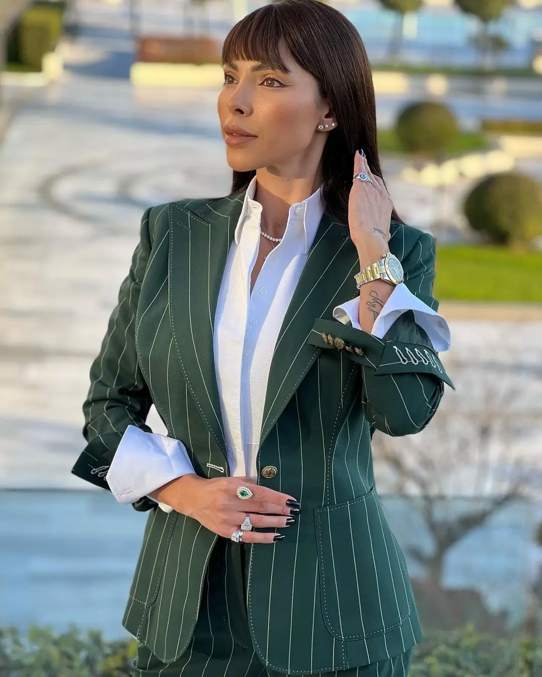 Green Striped Blazer Street Power Suits Slim Fit  Evening Party Formal Business Outfit Wedding Wear 2 Pieces