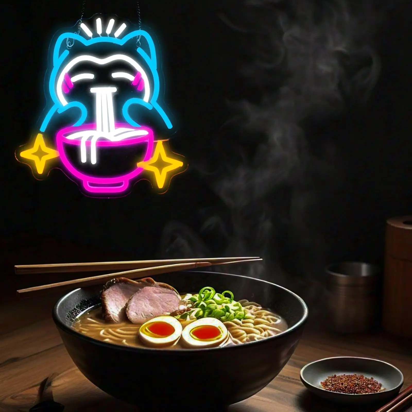 علامة رامين آند لاكي كات المفتوحة النيون - ديكور متجر لافتة للنظر لألواح المعكرونة والمطاعم الآسيوية وعدادات السوشي وصالات إيزاكايا #3