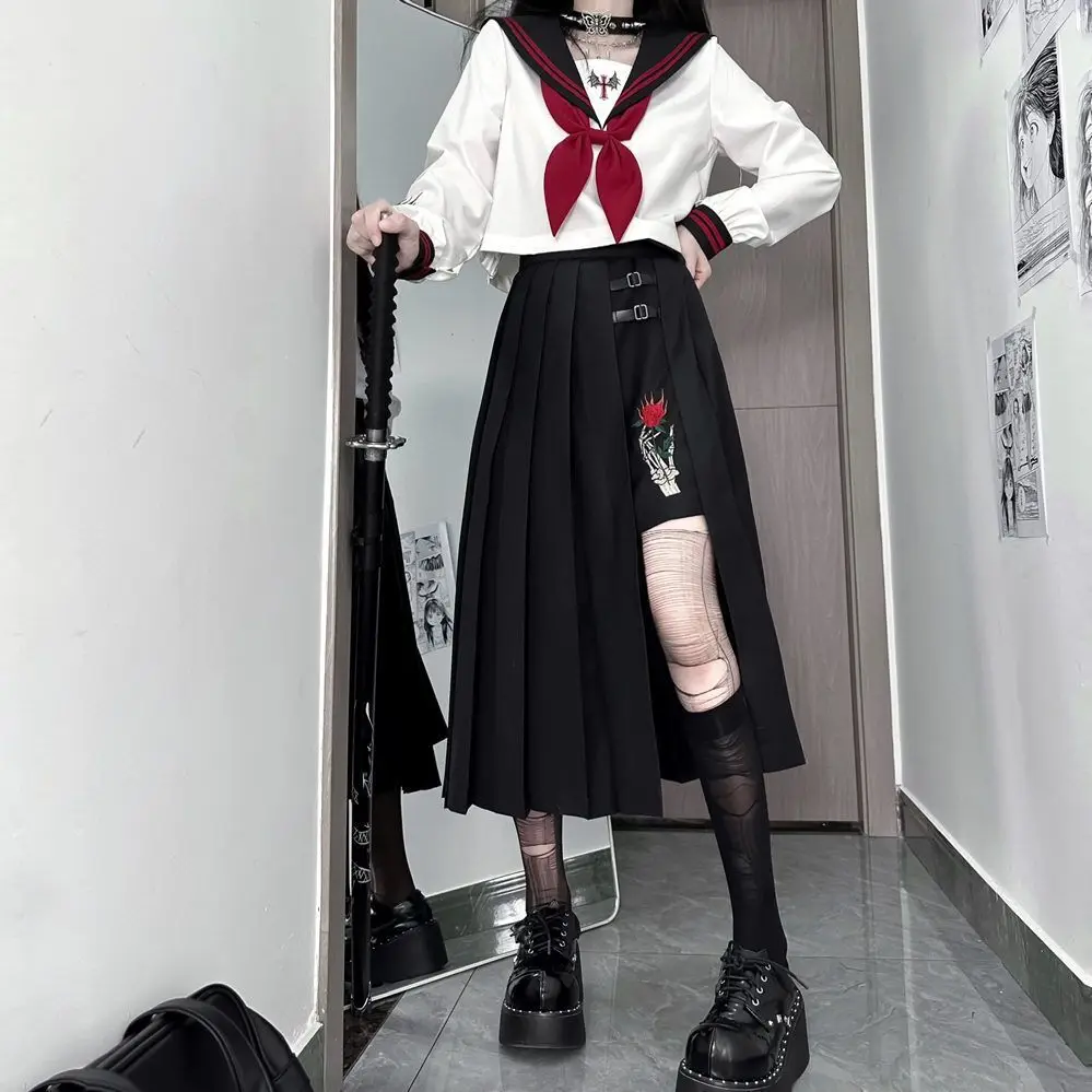 Red Magic Rose JK Dress Bad Girl\'s Poetry Skirt School Skirt Dark Dress JK Uniform Embroidery Sailor Uniforms JK Cosplay Costume