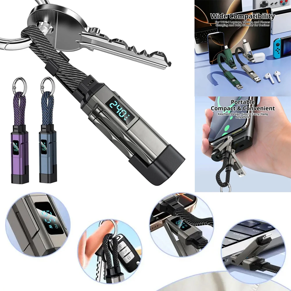 4 in 1 65W Keychain Charging Cable USB C Cable with V/A/W Display Type C for Apple Portable Cord for IPhone/iPad/Samsung/Laptop*
