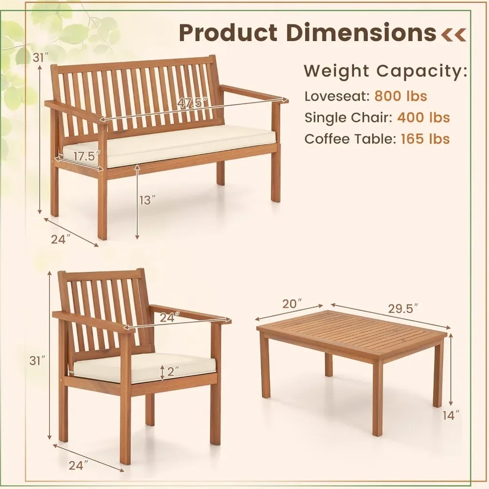 4-teiliges Terrassen holz möbelset, Akazienholz-Sofa garnitur mit Liebes sitz, 2 Stühle und Couch tisch, weiche Sitzkissen