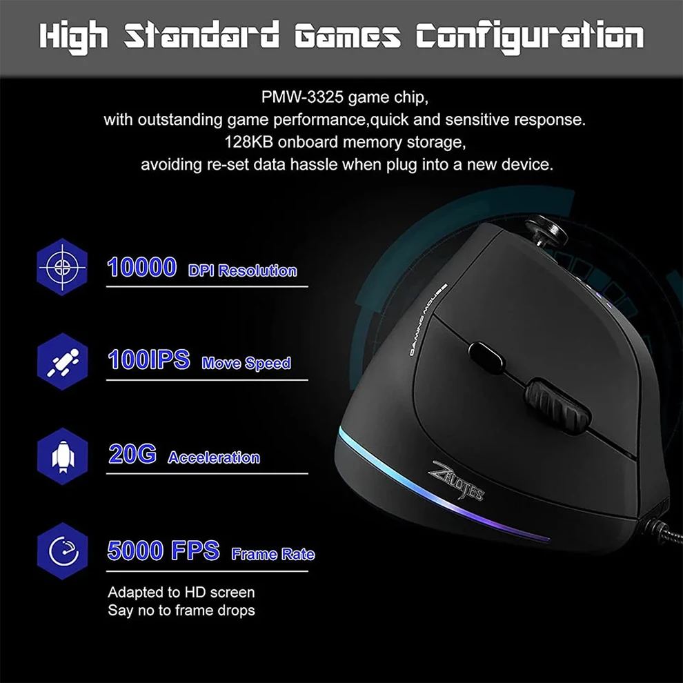 Vertical Gaming Mouse Wired RGB Ergonomic Mouse USB Joystick Programmable Gaming Mice for PC Computer Gamers