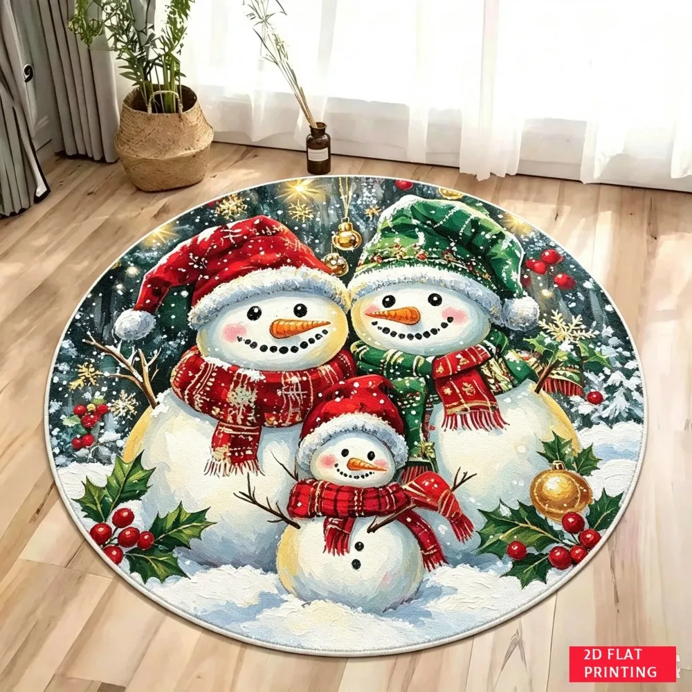 Top Hat Snowman Round Area Rug Pinecone Branch Circular Floor Mat Winter Holly Berry Seasonal Carpet for Hallway Office