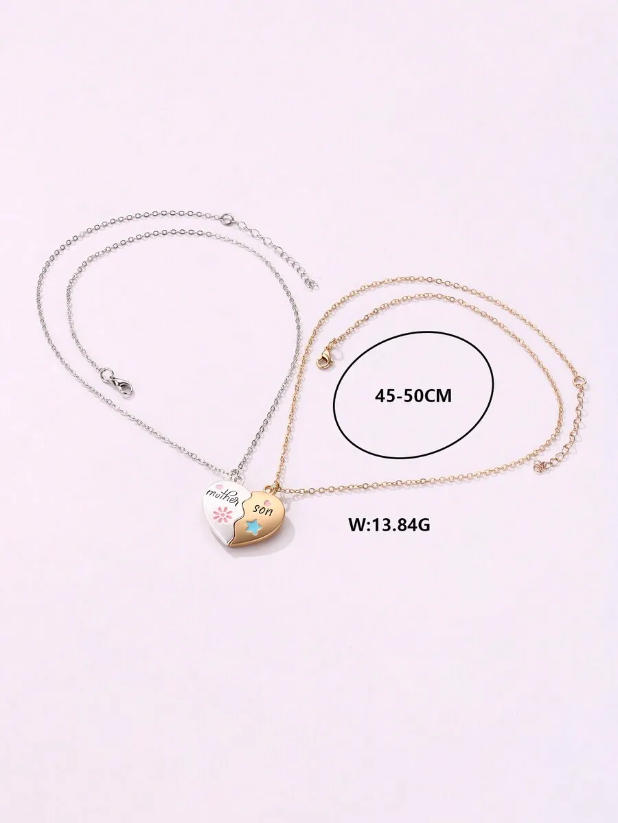 2pcs/Set Mother-Son Sun & Star Zinc Alloy Magnetic Necklace Gift Set For Mother's Day, Cute English Letter Print, Nickel Plated