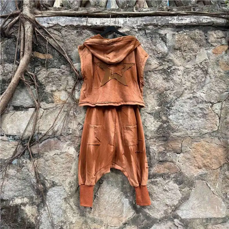 ANJY Spring Summer New Women Fashion Tie Dye Distressed Color Block Hooded Vest Trendy Casual Cross-Pants High Street Set A23511
