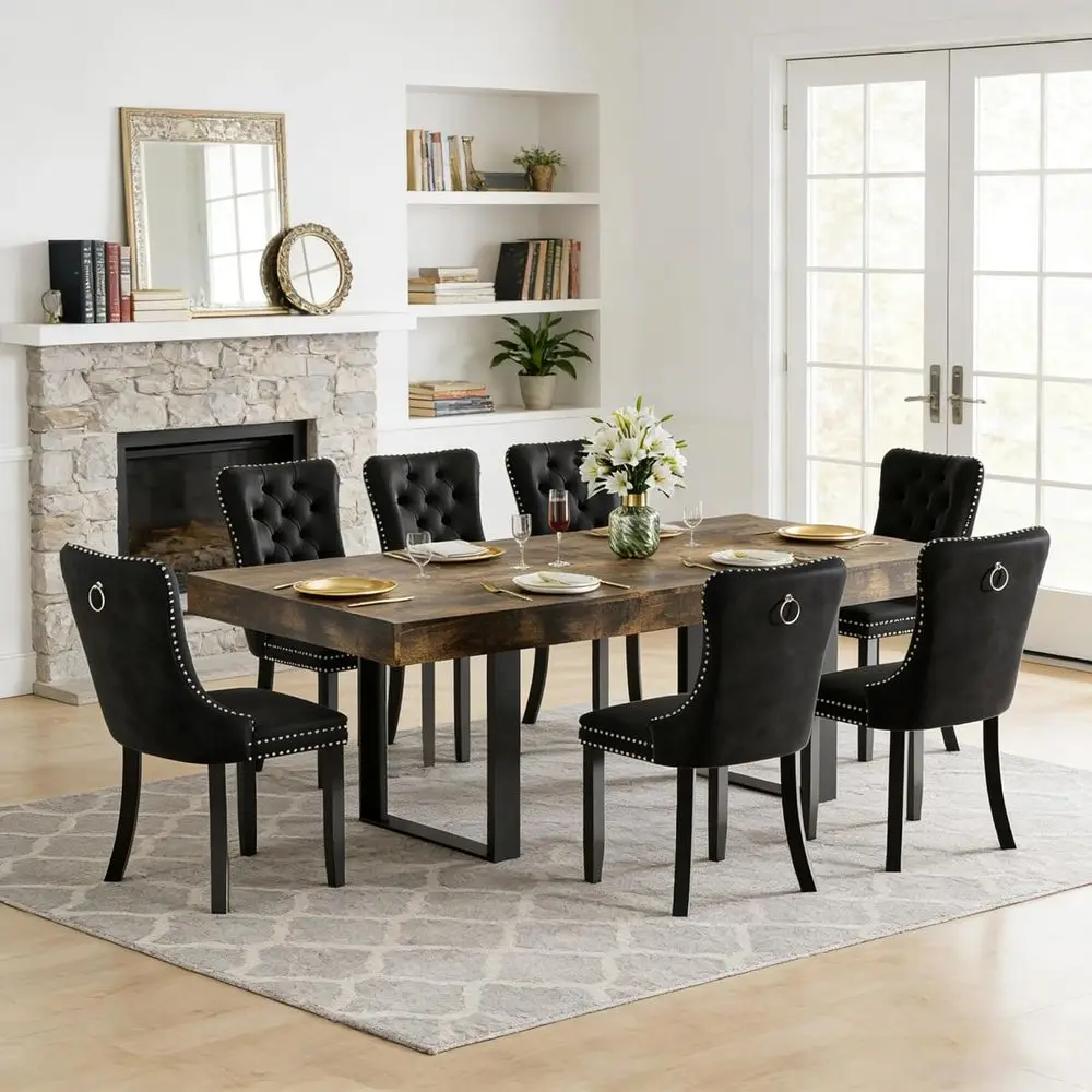 

7-Piece Exble Dining Table Set or 6, 63-78 Inch Rustic Brown Kitchen Table Set with 6 Black Tuted Chairs armhouse Wood Expandabl