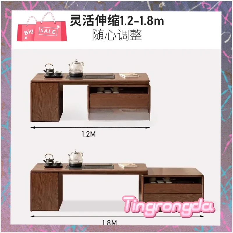 AASolid Wood Retractable Coffee Table Oak Kung Fu Tea Table Living Room New Chinese Tea Table Integrated