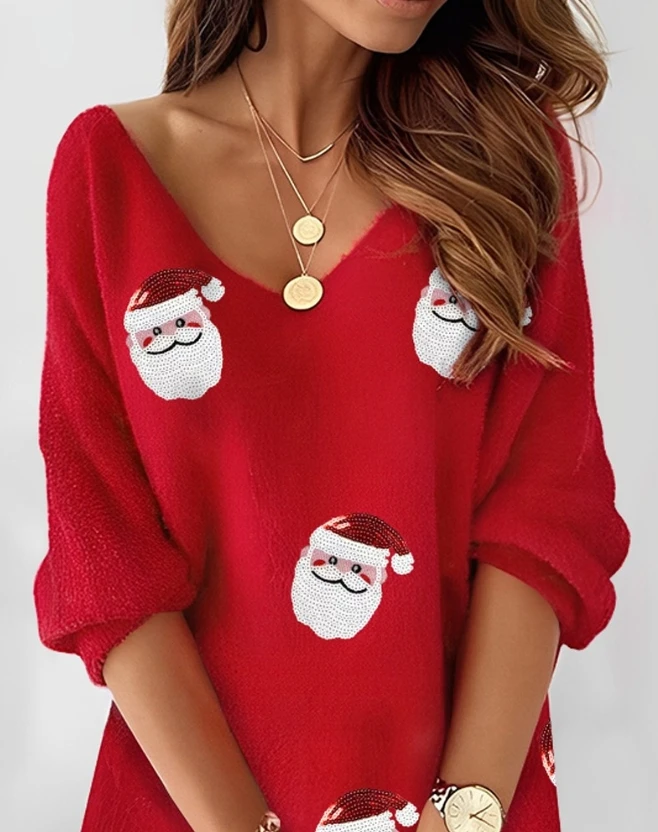 2023 Autumn Winter Spring New Fashion Casual Elegant Christmas Sequin Santa Claus Half Sleeve Fuzzy Casual Dress