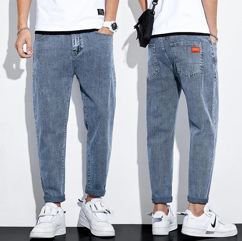 

Мужские свободные прямые джинсы, летние тонкие корейские модные облегающие эластичные повседневные универсальные брюки из девяти предметов, хлопковые брюки...