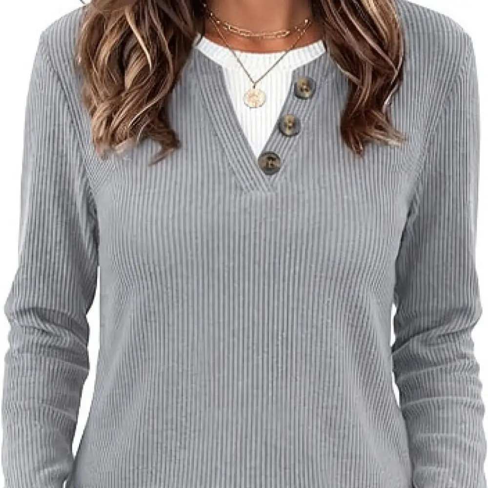 Casual Women Long Sleeve T Shirt Loose Fit Contrast Button Round Neck Autumn Winter Fashion Soft Comfortable Top