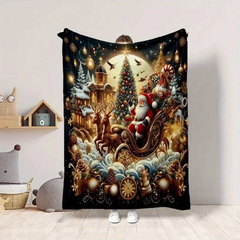 VIKAMA Luxury Christmas Throw Blanket with Santa in Golden Sleigh and Reindeer Merry Christmas Home Decor for Living Room
