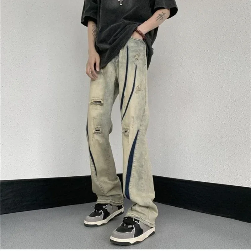 

Spring New American Retro Scratch Pants Jeans Men High Street Loose Washed Slim Straight Wide Leg Pant Men Trousers Male Clothes