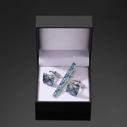 High quality men's French shirt cufflinks tie clip set classic square Blue Clover clip cuffs buttons business suit accessories