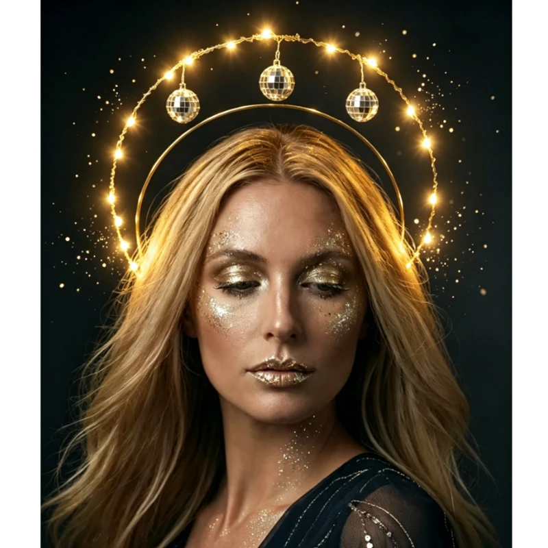 2pcs LED Disco Ball Double Halo Headband, Glowing Gold Ring Crown with 3 Hanging Mirror Balls, Festival Headpiece for Halloween