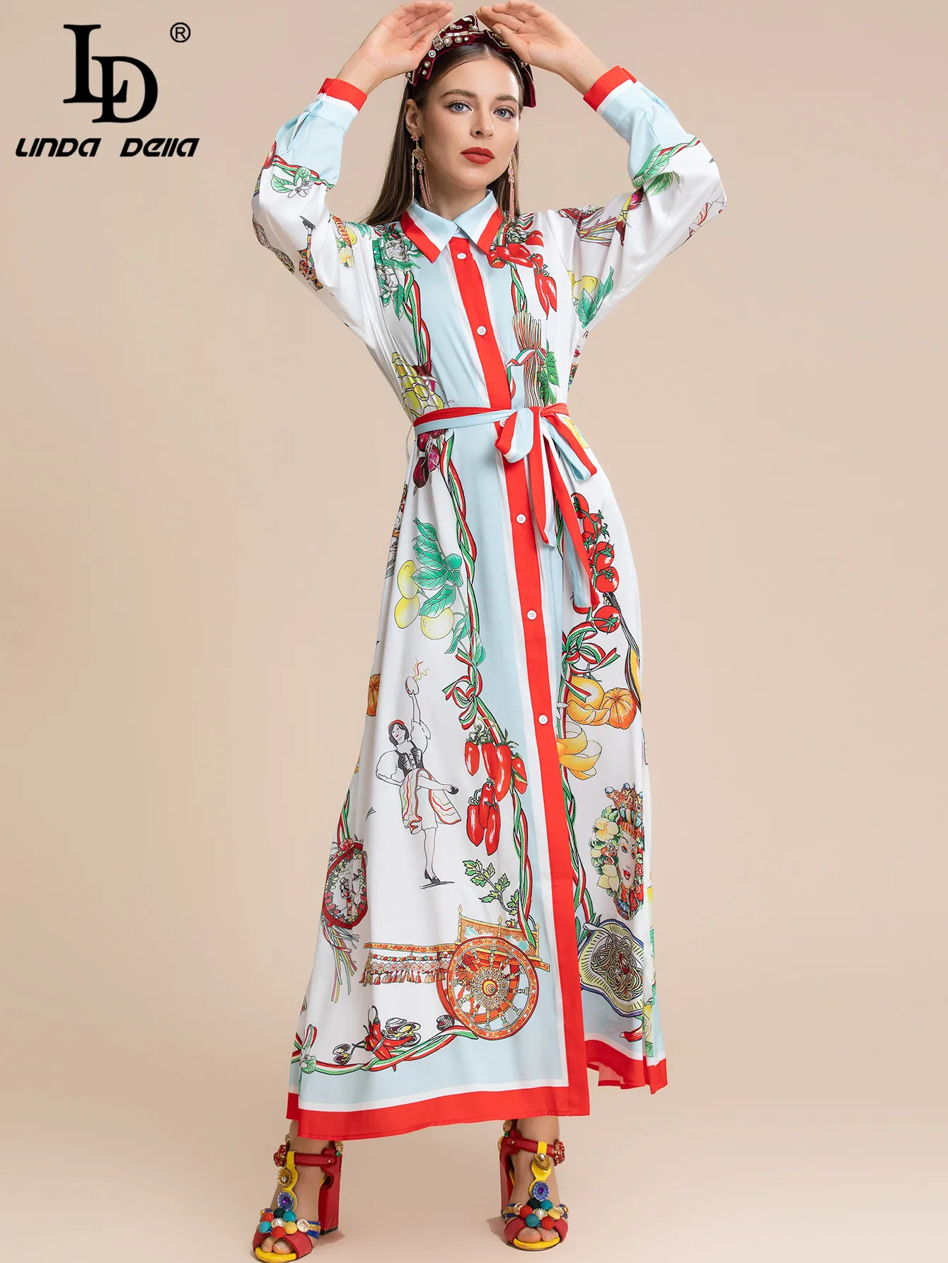 LD LINDA DELLA 2022Autumn Loose Vacation Dress Women Long sleeve Single-breasted Belted Fruit Vegetable Print Vintage Long Dress