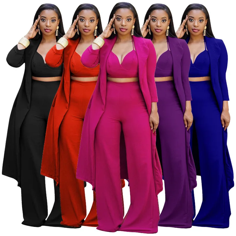 

Sexy Two Piece Sets Autumn Satin Sashes Blazer Set Women Halter Cropped Tops Straight Pants Suit Ladies Solid High Waist