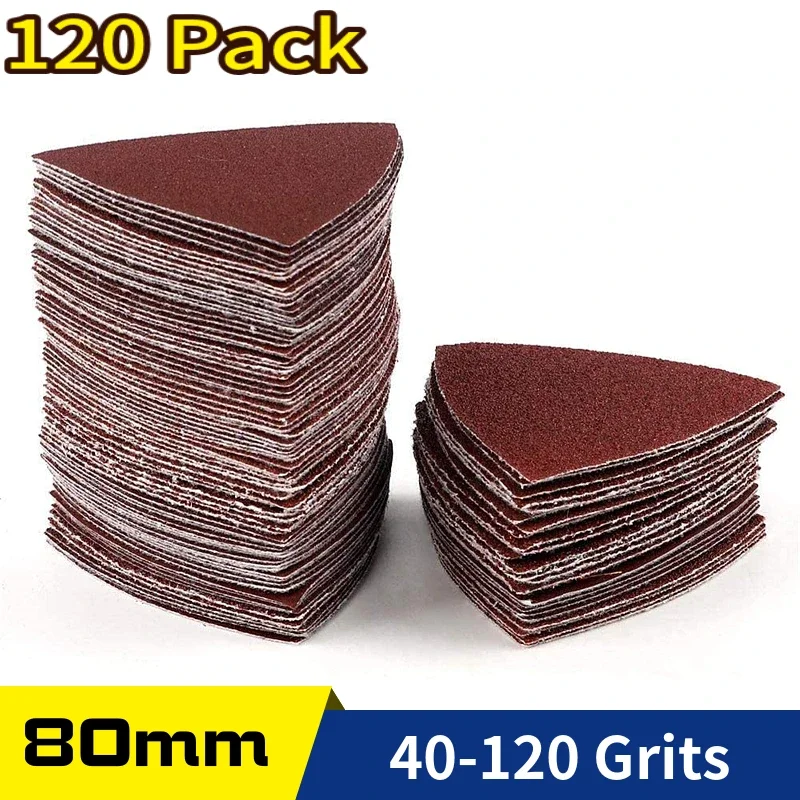 

120Pcs 80*80MM Triangular Hook and Loop Multitool Sandpaper for Wood Sanding Fit 3-1/8 Inch Oscillating Multi Tool Sanding Pad