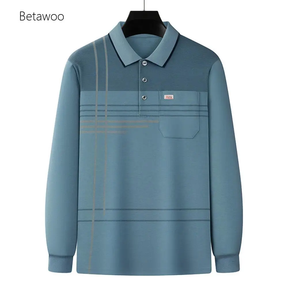 Casual Striped Polo Shirt for Men Long Sleeve Button Top with Chest Pocket