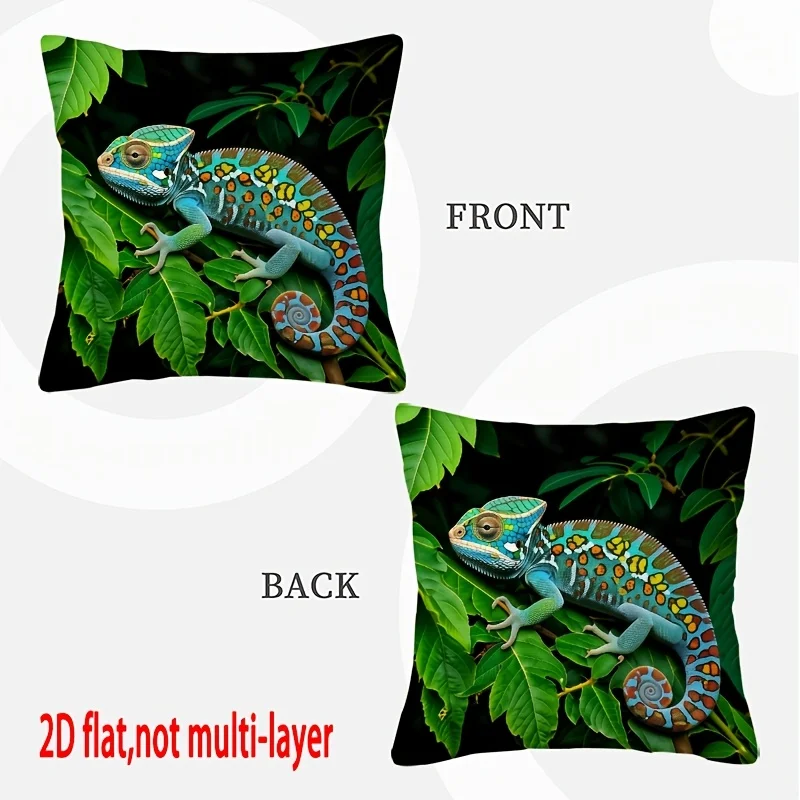Vibrant Chameleon and Green Leaf Double Sided Pillowcase, Jungle Style Decorative Cushion Cover, Insert Not Included