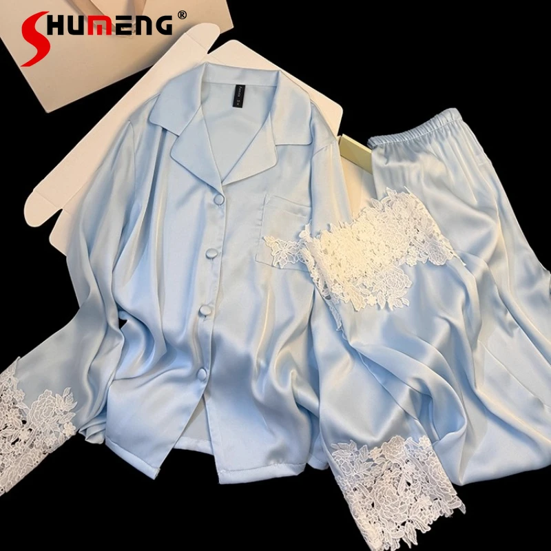 

Blue High End Ice Silk Pajamas for Women Spring Autumn Long Sleeve Lace Homewear Set Female Japanese Style Sweet Sleep Suits