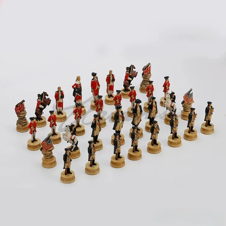 American Revolutionary War Resin Chess Set British vs American Soldier Figurine Chess Pieces Vintage Historical Collectible Ches