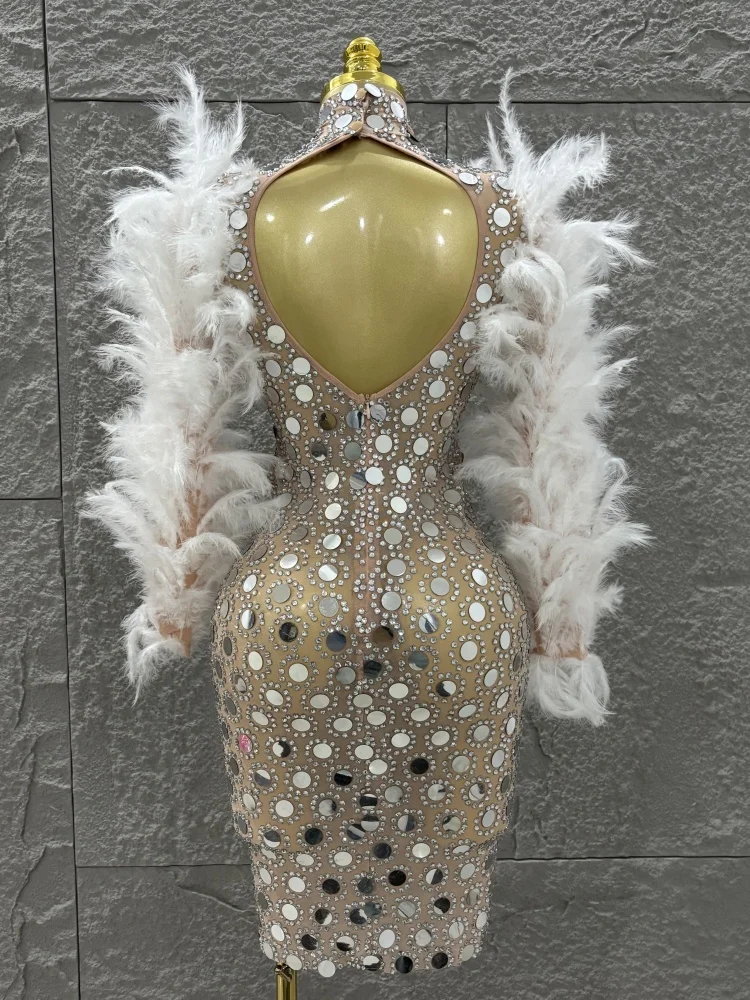 

Новая модель сверкающего платья с перьями и блестками, гламурный сценический костюм для ночного клуба, дня рождения, вечеринки, сексуальный наряд для шоу