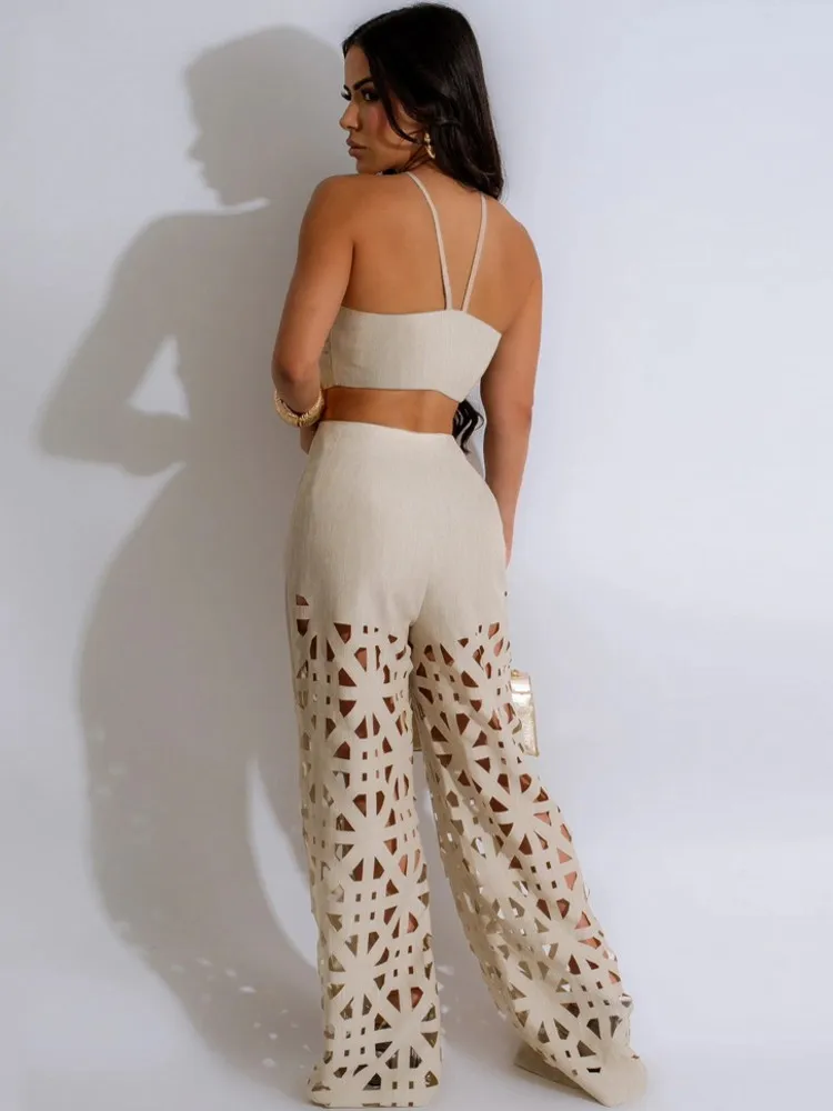 2 Piece Women Sets 2024 New Arrival Summer Autumn Matching Sets Solid Two Pieces Sets Top And Hollowing Out Pants Suits Outfits