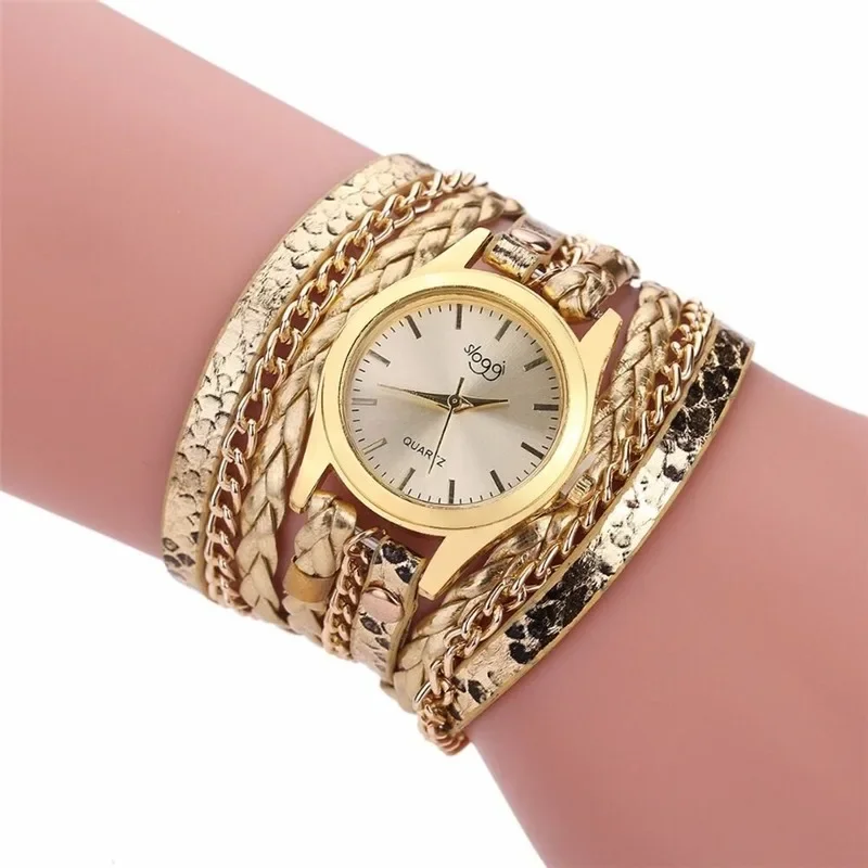 New Brand Quartz Watches Women Gold Geneva Bracelet Wristwatch Ladies Dress Woven Leopard Multi Layers Leather Strap Watch