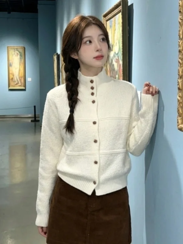 

Белый ленивый трикотаж с высоким воротником Thi Long Sve, верхняя одежда, зимний свободный утягивающий высококачественный открытый кардиган для женщин