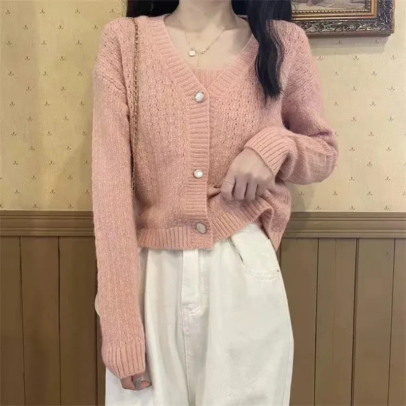 Autumn Knitted Two Piece Sets Women Korean Elegant All Match Cropped Cardigan Vest Fashion Button V Neck Long Sleeve Sweater