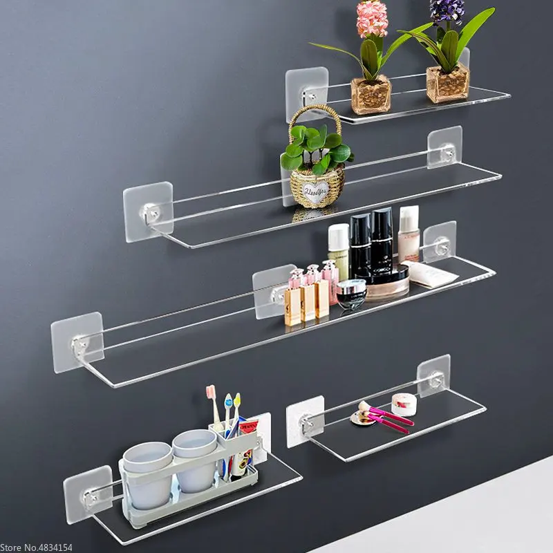 Clear Acrylic Floating Shelves No Drill Wall Mounted Thick Transparent Storage Rack for Bathroom Kitchen Ledge 20-50cm