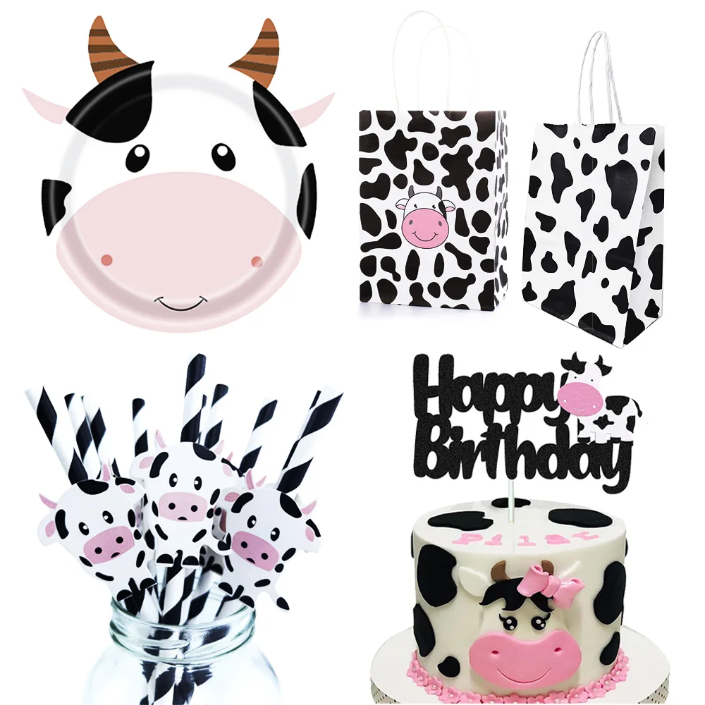 Cow Themed Tableware 7inch Plates Paper Bags Cake Topper  Cake Decor Straws Kids Farm Themed Birthday Party Decoration Supplies