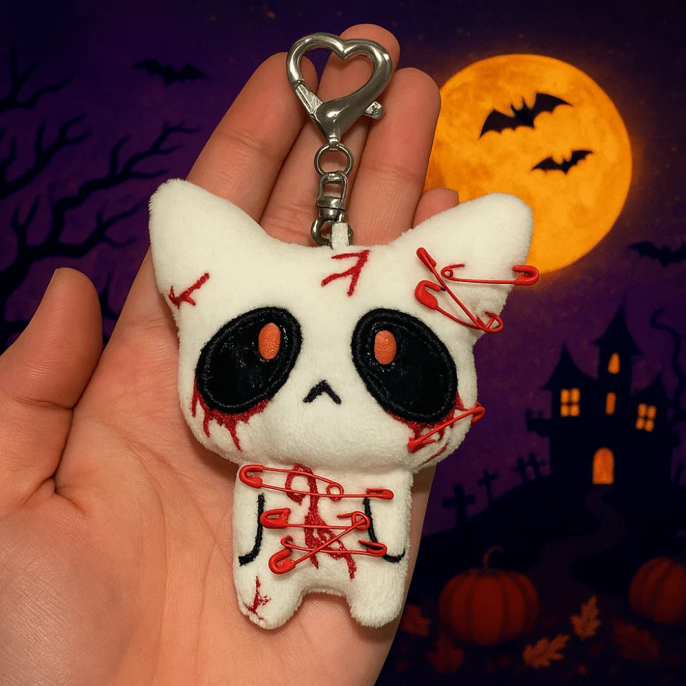 

New Black Color Halloween Keychain PP Cotton Cosplay Party Decor Horror Plush Keyring Bag Accessories White Color Goth Keychain
